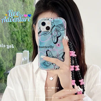 Симпатичный чехол для мобильного телефона с голубой бабочкой для iPhone 11 12 13 14 15 Pro Max, противоударный чехол для телефона с цветочным браслетом