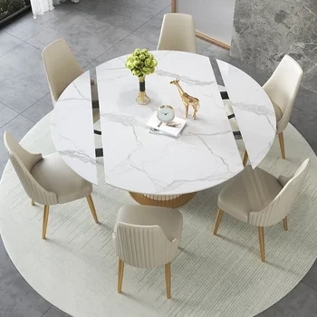 Складной многофункциональный обеденный стол с вращающейся каменной плитой в кремовом стиле, круглые, квадратные и круговые современные минималистичные модели двойного назначения