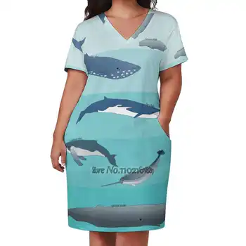 Типы китов Свободная юбка с V-образным вырезом, сексуальная юбка с коротким рукавом, Свободное платье трапециевидной формы, легкое и дышащее платье Whales Whale Ocean