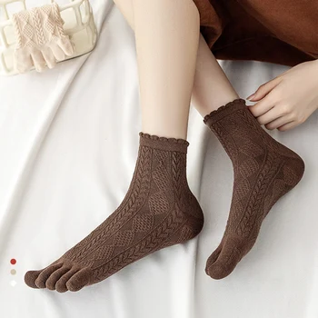 Хлопчатобумажные короткие носки с пятью пальцами средней длины для женщин и девочек, однотонные Дышащие Мягкие эластичные носки в стиле харадзюку с носками, лидер продаж