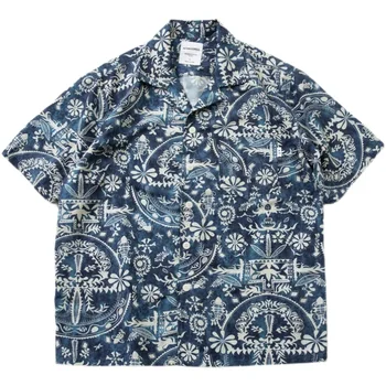 Японский Свободный стиль, Отложной воротник, Короткий рукав, Синяя рубашка с цветочным рисунком, молодежная повседневная Светлая Летняя куртка для мужчин