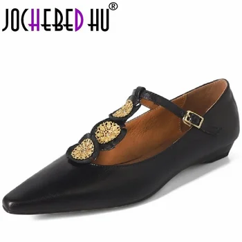【JOCHEBED HU】Женская обувь, Новинка 2024 года, Модный бренд, платье из натуральной Кожи На низком каблуке с Т-образным ремешком, повседневные женские туфли-лодочки, Размер 34-40