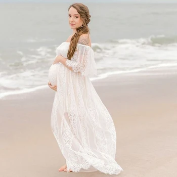 2023 Летние кружевные платья для беременных в стиле Бохо для беременных с вырезом лодочкой Повседневное Длинное платье для беременных