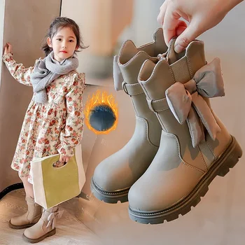2024 Новые плюшевые ботинки до середины икры для девочек, детская модная хлопковая обувь для маленьких девочек с бантом, однотонная детская нескользящая повседневная обувь