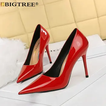 BIGTREE Женские роскошные брендовые туфли-лодочки на высоком каблуке, Пикантные вечерние Модные туфли с острым носком из лакированной кожи на тонком каблуке 10 см, женская обувь для зрелых