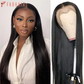 FABHAIR Бразильский Виргинский прямой парик на шнурке 4x4, человеческие волосы, парики 180% плотности для чернокожих женщин, парик на шнурке спереди, натуральные волосы