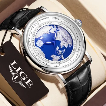 LIGE Мужские Часы Blue Planet Creative Earth Модные Кварцевые Наручные Часы Кожаные Спортивные Часы для Мужчин Светящиеся Часы Man с Коробкой