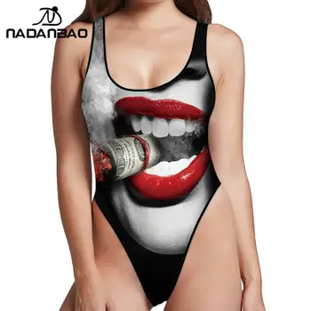 NADANBAO Женский винтажный сексуальный цельный купальник с принтом большого рта, женские купальники с открытой спиной, спортивное боди, пляжный купальник