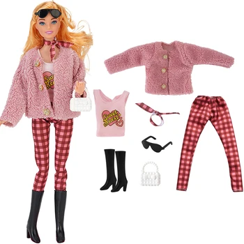 NK 7 предметов/Комплект Плюшевое пальто, Рубашки, Обувь, шарф, брюки, Солнцезащитные очки для куклы Барби, одежда, игрушки своими руками для девочек, аксессуары для кукол 1/6 размера