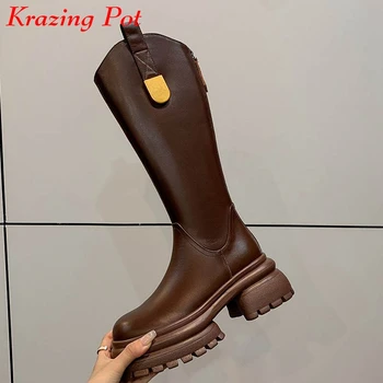 Ботинки Krazing Pot из натуральной кожи с круглым носком и на толстом высоком каблуке в западном стиле, зимние панковские Металлические застежки, сохраняющие тепло, сапоги до бедра