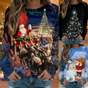 Веселая Рождественская рубашка Для женщин, Пуловер, Повседневные Свободные топы с длинными рукавами, Забавная толстовка с изображением Снеговика, Комфортный Отдых