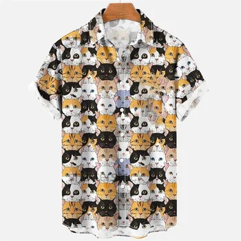 Винтажная рубашка с 3D-принтом с изображением мультяшных кошек, уличная мода, Повседневные Летние мужские гавайские рубашки, Свободная мужская одежда с коротким рукавом