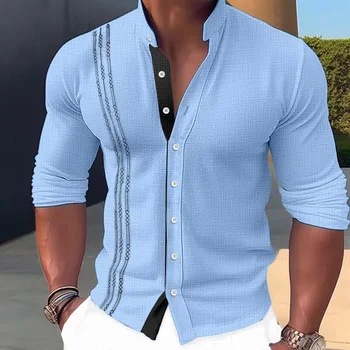 Винтажная хлопковая льняная рубашка в полоску в стиле пэчворк, мужские Свободные топы со стоячим воротником и пуговицами для мужчин, осенние повседневные пляжные рубашки