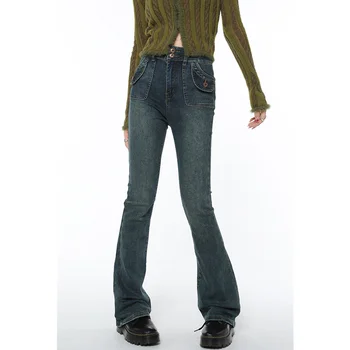 Винтажные синие женские джинсы Micro Flare, американская уличная одежда, эластичная сила, Высокая талия, повседневные женские джинсовые брюки в стиле Y2K 2023