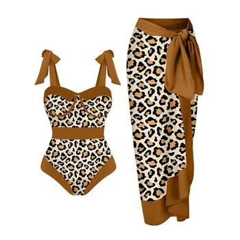 Винтажный женский цельный купальник и юбка-накидка, пляжное платье, роскошные бикини, сексуальные купальники, леопардовый купальник, летняя одежда для серфинга