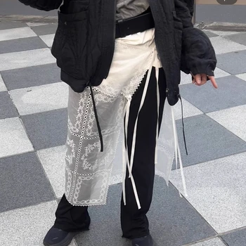 Высокая уличная мода, Свободная повседневная юбка трапециевидной формы на шнуровке, Женская весенняя новинка 2024 года, Корейская однотонная универсальная асимметричная кружевная юбка