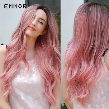 Высокотемпературный Розовый парик Emmor с длинными черными корнями, плавящимися до розового, Натуральная волна, синтетические косплей-парики для ежедневных волос с челкой для женщин