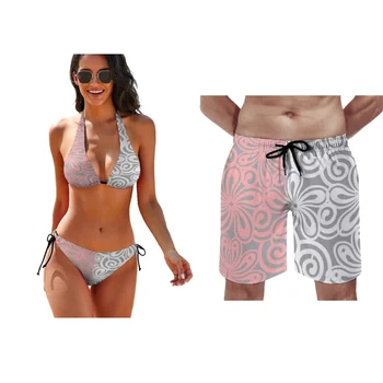 Гавайский пляжный купальник Пуш-ап, мужские пляжные брюки из двух частей, парный костюм, купальник, бикини на заказ для женщин