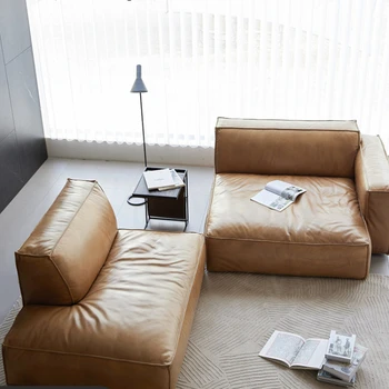 Городской ретро кожаный диван tofu block, итальянская минималистская модульная комбинация, легкий роскошный современный кожаный художественный диван для трех человек