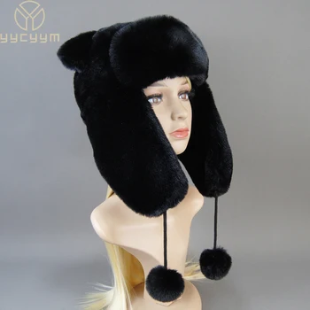 Горячая распродажа, Новая Женская шапка из искусственного меха кролика Рекс, зимняя теплая меховая шапка, черно-белая шапка из искусственного меха с милой пандой