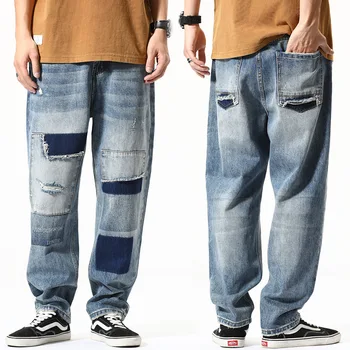Европейские и американские ретро рваные джинсы для мальчиков, свободные прямые повседневные брюки, нашивка бренда tide, брюки большого размера для мужчин