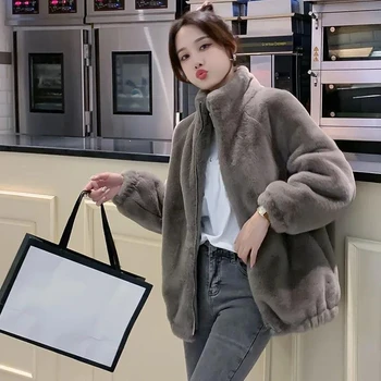 Женская зимняя куртка, модное однотонное пальто из искусственного меха, Корейская версия, свободная простота, воротник-стойка, женская одежда, пальто