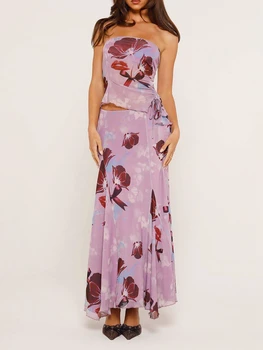 Женская летняя одежда из 2 предметов, топы с цветочным принтом и завязками, длинная юбка, комплект одежды для вечеринок