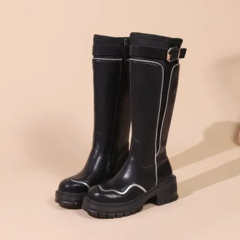 Женская обувь в продаже, Новинка 2023 года, Высококачественные женские ботинки с боковой молнией, зимние рыцарские сапоги с круглым носком на массивном высоком каблуке-трубочке