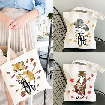 Женские дизайнерские сумки-тоут с принтом кота Каваи, льняная многоразовая хозяйственная сумка для продуктов, сумки через плечо для леди, милая сумка-тоут