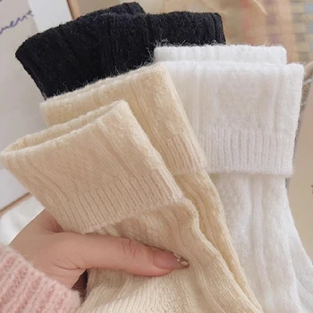 Женские носки Толстые зимние простые теплые носки в японском стиле для девочек, Новые осенние однотонные шерстяные носки в стиле ретро, повседневные носки в пол