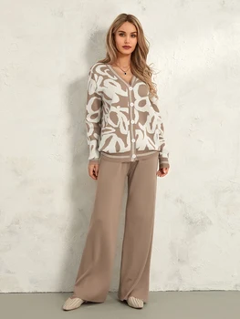 Женские осенние брюки, наряды, принт, V-образный вырез, пуговицы с длинным рукавом, вязаный свитер, кардиган, широкие брюки, комплект одежды из 2 предметов