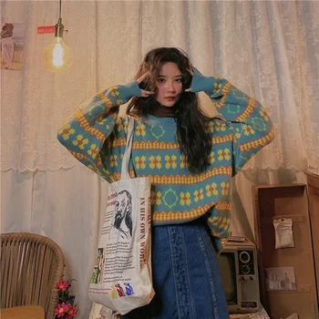 Женский винтажный полосатый свитер, Зимний пуловер, топы, осенняя Толстая свободная уличная одежда с длинными рукавами и круглым вырезом, свитера Harajuku, женские свитера