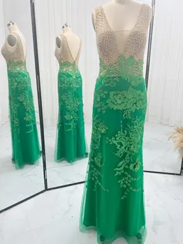 Зеленое расшитое бисером сексуальное вечернее платье с глубоким V-образным вырезом без рукавов в виде русалки, демонстрирующее тонкое вечернее платье M1608