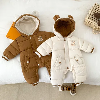 Зимние и осенние комбинезоны для новорожденных девочек и мальчиков с капюшоном, утепленная одежда с хлопковой подкладкой, Корейская мода, мягкая повседневная