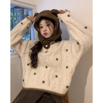 Зимний Корейский женский свитер в горошек с круглым вырезом Y2k, вязаный свитер в стиле Sweet Girls, Джемпер, модный теплый универсальный Женский трикотаж
