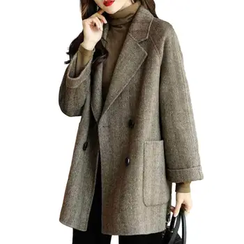 Зимняя Женская куртка, Элегантная женская Шерстяная куртка Средней длины, Двубортная или Однобортная Модная Однотонная куртка для помещений
