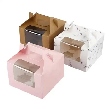 Индивидуальная упаковка для торта с ручкой 15.5x15.5x11 см Прозрачные коробки для торта из свадебной бумаги С окошком Коробка для торта