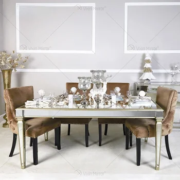 Источник прямых продаж производителя обеденный стол с зеркальной облицовкой, обеденный стол из стекла с золотой окантовкой, ресторанная мебель в европейском стиле
