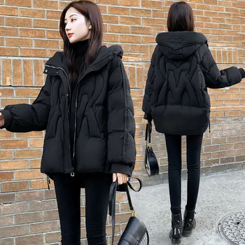 Качественное женское пуховое хлопчатобумажное пальто, короткая толстая теплая зимняя куртка, Новая верхняя одежда Parker с капюшоном, Черные женские куртки на снежной подкладке
