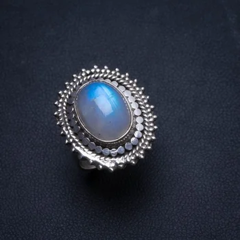 Кольцо из натурального радужного лунного камня ручной работы в стиле бохо из стерлингового серебра 925 пробы, размер США 7 T6144