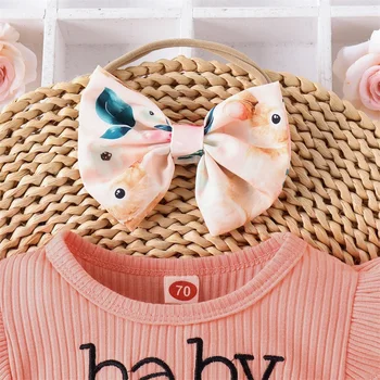 Комбинезон для новорожденных девочек, топы в рубчик с короткими рукавами и оборками, повязка на голову с буквенным принтом, комплект одежды