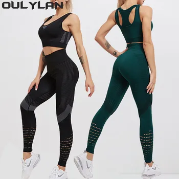 Комплект для йоги Oulylan Спортивный костюм для тренажерного зала, бюстгальтер для фитнеса, Леггинсы, женская одежда для отдыха, укороченные топы, 2 нейлоновых спортивных костюма, женские Сексуальные