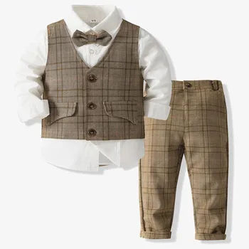 Комплекты одежды для маленьких мальчиков, детский костюм для малышей, Бант + Рубашка + Клетчатый жилет + брюки, свадебный костюм из 4 шт.
