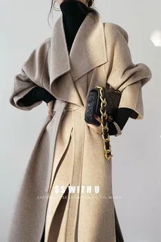 Корейский лидирующий молоко кофейного цвета большие нагрудные двухсторонние женские кашемировые пальто расширенного халат завязывается шерстяное пальто для женщин