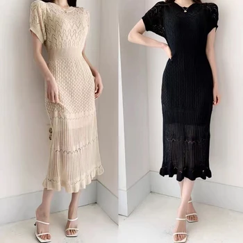 Корейское модное Летнее платье, женское трикотажное платье с коротким рукавом и круглым вырезом, Тонкие Элегантные длинные платья, Офисная Женская одежда Vestidos
