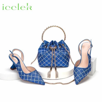 Королевские синие женские босоножки на высоком каблуке 2023, роскошный дизайн, свадебные туфли с острым носком и мягкая сумка с бриллиантами, набор для вечеринки