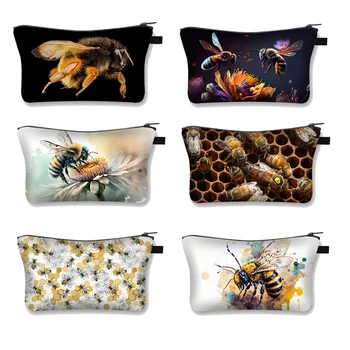 Косметичка с милым цветочным принтом Пчелы, женские модные косметички в виде пчелиных сот, сумка для мытья Посуды, сумки для губной помады, Органайзер для украшений