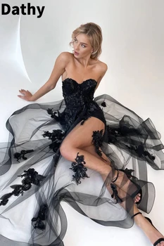 Красивое Черное Сексуальное Вечернее Платье С Кружевным Краем, Прозрачная 3D Наклейка Из Черной Марли, Платья Для Официальных Мероприятий, Вечерние Платья