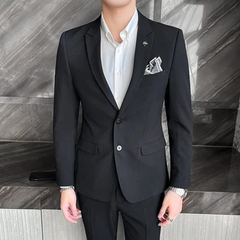 (Куртка + брюки) Модные мужские однотонные костюмы для отдыха, серый, синий, черный, приталенный мужской деловой банкетный костюм, комплект больших размеров