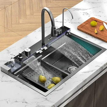 кухонная раковина, раковина из нержавеющей стали, Большой кран для раковины с водопадом, посудомоечная машина, раковина для мытья посуды, сливное устройство для кухонных принадлежностей